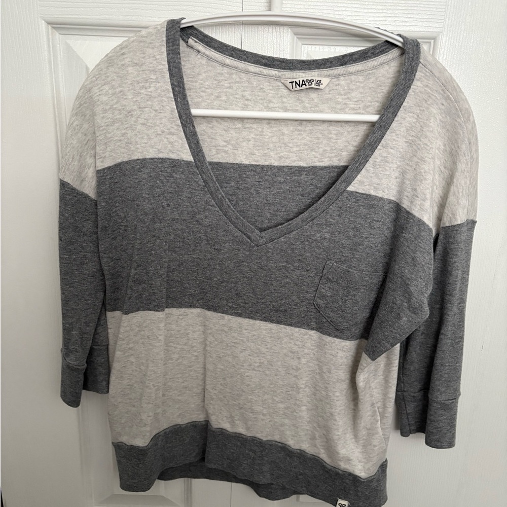 Gray and White Striped V-Neck Top